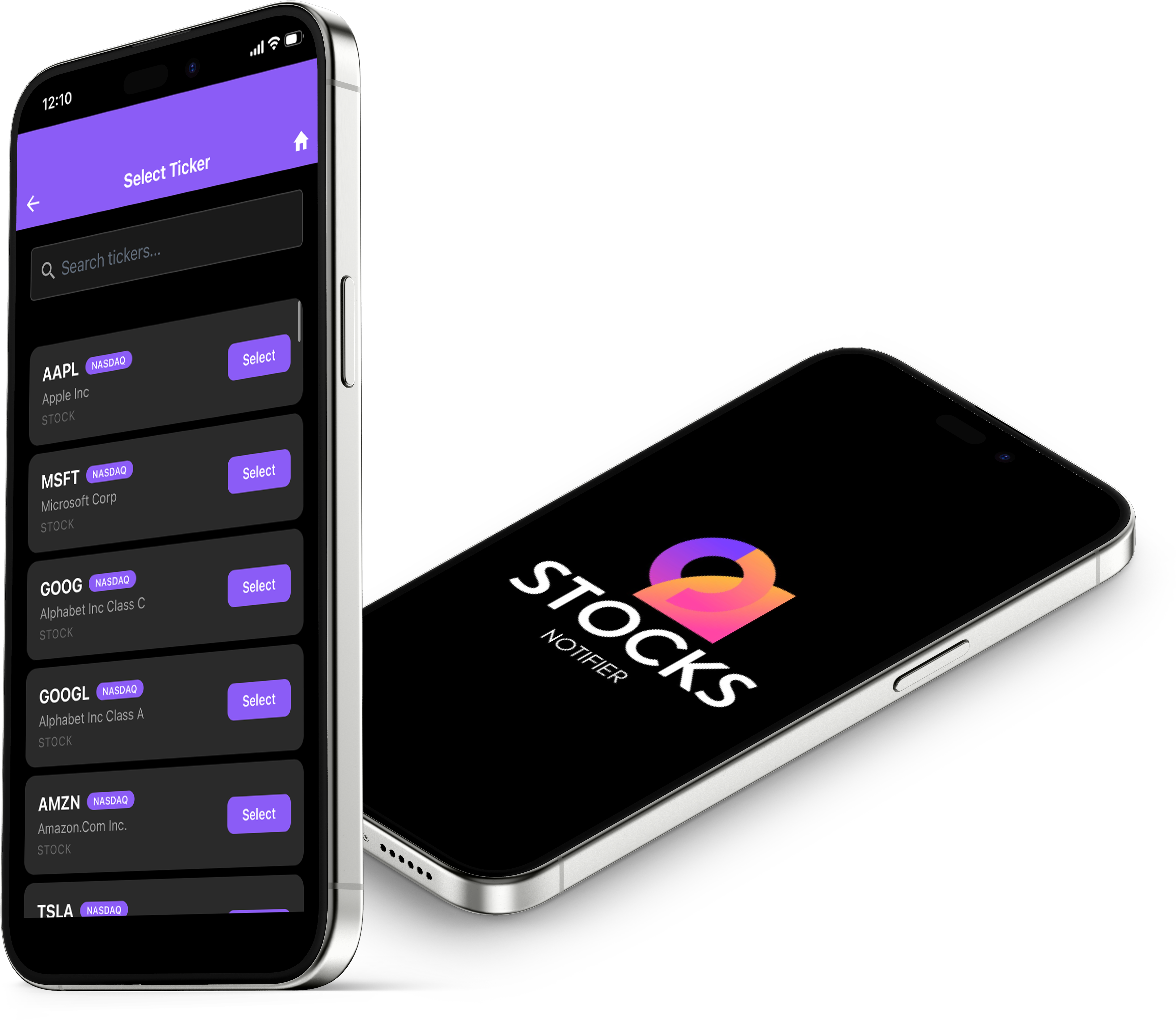 Stocks Notifier app on two phones - Select Ticker screen and app branding